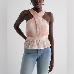 NWT Express Floral Twist Halter Neck Pleated Peplum Tank
